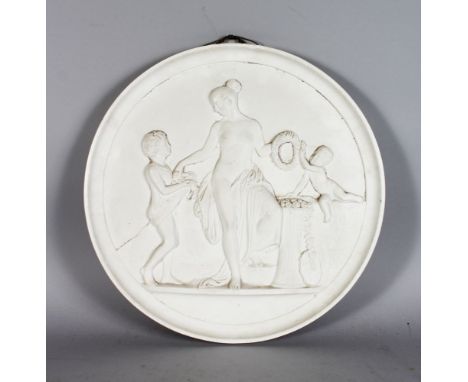 A ROYAL COPENHAGEN WHITE PORCELAIN CIRCULAR PLAQUE, classic scene with garlands, marked in blue, 14in diameter