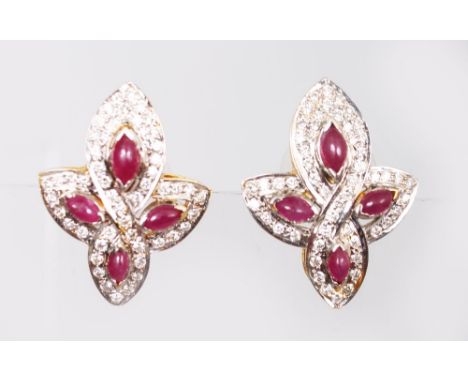 A PAIR OF YELLOW GOLD, RUBY AND DIAMOND EARRINGS.