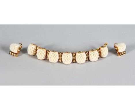 A SUBERB SET OF 18ct GOLD SEED PEARL AND ENAMEL BRACELET AND EAR CLIPS, with enamel swans.