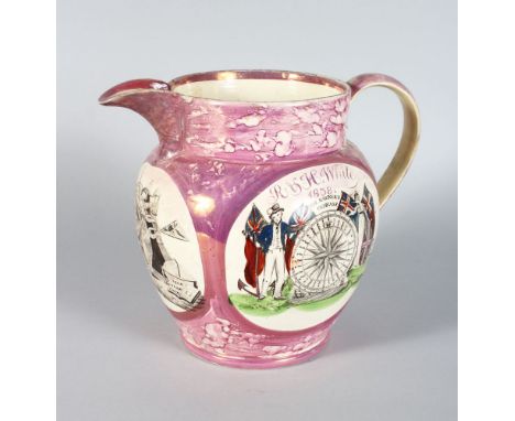 SUNDERLAND PINK LUSTRE JUG, R & H WHITE, 1838, the mariners compass and cast iron bridge Sunderland 8.5in high