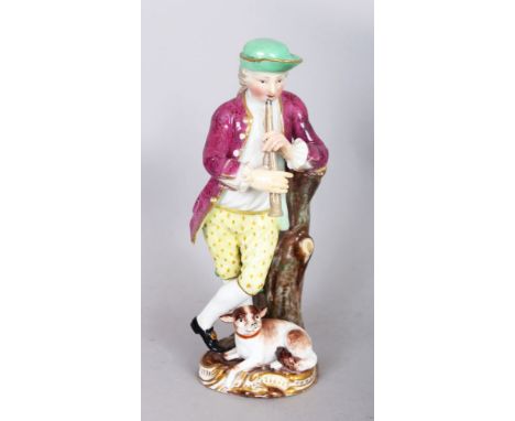 A SMALL 19TH CENTURY MEISSEN BOY PLAYING A PIPE, a dog by his side. Cross swords mark in blue.  6ins high.