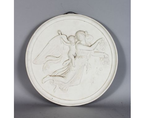 A ROYAL COPENHAGEN WHITE PORCELAIN CIRCULAR PLAQUE, classical scene with winged figures, cupdi and roses, marked in blue, 14i