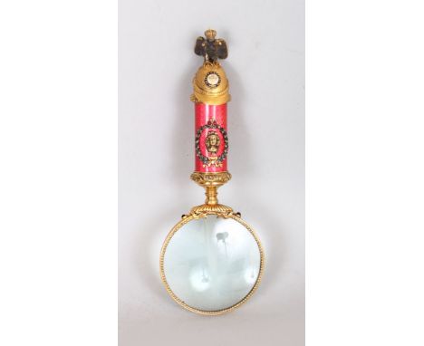 A GOOD FABERGE MODEL SILVER GILT AND GUILLOCHE ENAMEL HANDLED MAGNIFYING GLASS, the handle finial modelled as a military helm