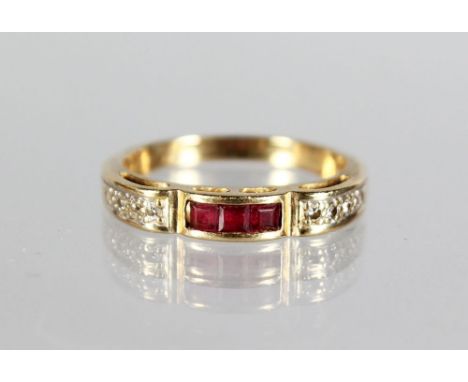 A 14ct GOLD RUBY AND DIAMOND RING