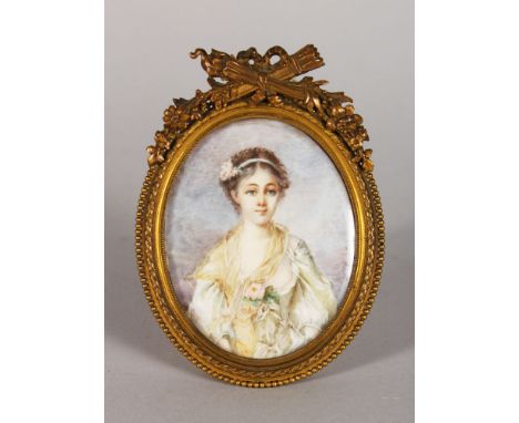 M. ROGE, A LOVELY OVAL PORTRAIT OF A YOUNG LADY, signed 3.5in x 2.75in, in an ornate easel frame