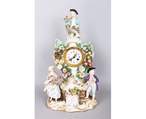 A VERY GOOD 19TH CENTURY MEISSEN PORCELAIN CLOCK, with drum movement by HENRY MARC, PARIS, with white enamel dial, blue and w