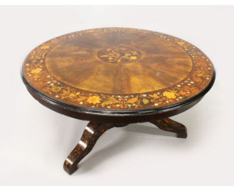 A SUPERB VICTORIAN CIRCULAR MARQUETRY TOP DINING TABLE, with segmented top, central marquetry panel and deep marquetry border