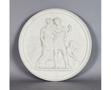A ROYAL COPENHAGEN WHITE PORCELAIN CIRCULAR PLAQUE, classical scene depicting Harvest, marked in blue 14in diameter