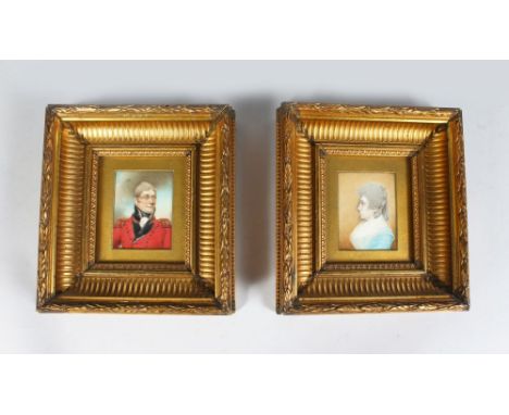 A PAIR OF GILT FRAMED PORTRAIT OF COLONEL GREENTREE AND MRS ELEANOR GARTON, ST. HELENA, circa 1820, images 8cm x 6cm