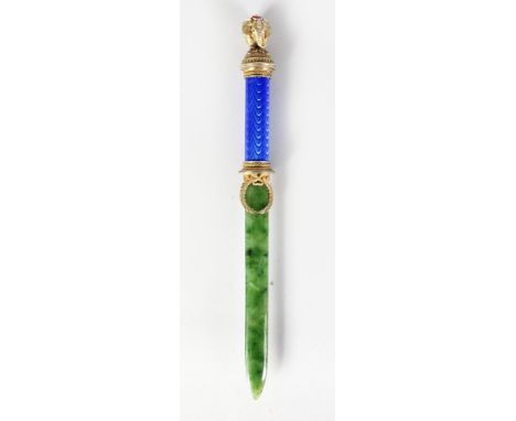 A GOOD RUSSIAN FABERGE STYLE NEPHRITE AND ENAMEL LETTER OPENER 10in long