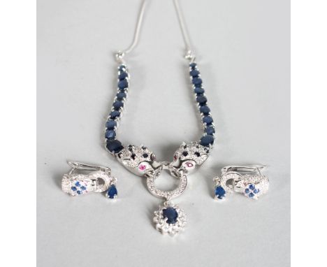 A SILVER SAPPHIRE AND RUBY PANTHER NECKLACE AND EARRINGS