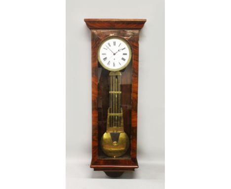 A LARGE VICTORIAN WALNUT CASED REGULATOR CLOCK, large brass pendulum, 5ft 9in long