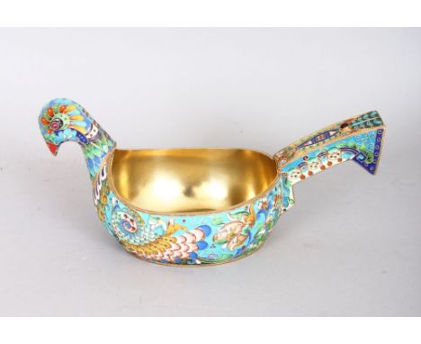 A RUSSIAN SILVER AND ENAMEL KOVSCH, modelled as a bird. 7ins long.