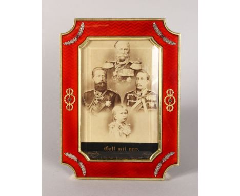 A SUPERB RUSSIAN FABERGE DESIGN SILVER AND ENAMEL PHOTOGRAPH FRAME, set with cabochon sapphires and diamonds. 7.5ins x 5.5ins