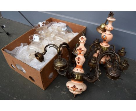 A pair of French provincial five-light ceramic and metal candelabra, 36cmH each