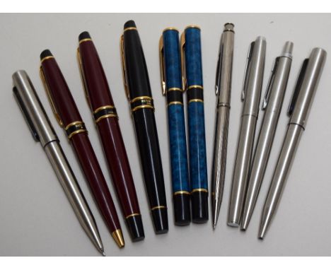 A set of blue Waterman fountain pen and ballpoint, together with two more Waterman ballpoints and a fountain pen, and four st