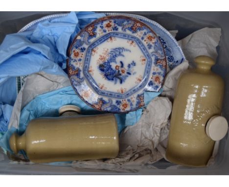 A pair of Victorian Lovatt Langley Ware ceramic hot water bottles/ bed warmers, a 19th century Wedgwood 'Edinburgh' serving t