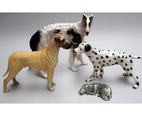 Three ceramic dog figurines of a greyhound, a dalmation and a Beswick 'Ruler of Loughborough', together with a white metal fi