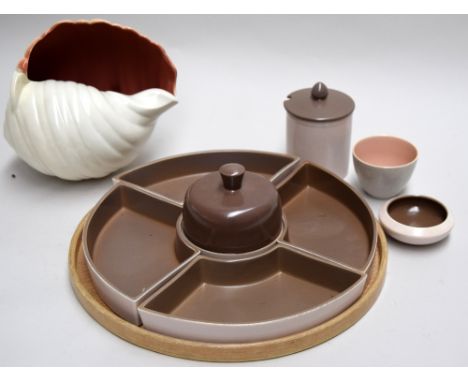 A Poole Pottery 1950s Red Indian and Magnolia (C95) shell, together with a Twintone Mushroom and Sepia (C45) segmented hors d