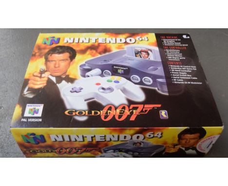 A boxed Nintendo 64 games system, Goldeneye special edition, with all cables, box opened but unplayed, controllers and consol
