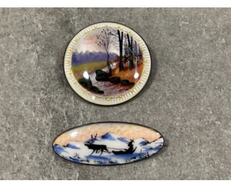 2 Nils M. Elvik Norway brooches sterling silver and guilloche enamel. Both in very good condition both marked with horseshoe 