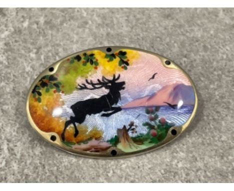 Early Gustav Hellstrom Norway designer sterling silver and pawted enamel brooch fully marked to rear unusual larger size Rare