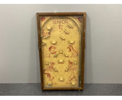 Bagatelle glazed and oak framed complete set. Made in USA in full working order. Model Poosh-m-up senior. 1930s patented 829-