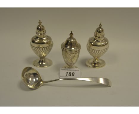 Silver - a silver pepperette, Sheffield 1927, 48.1g; a pair of stop fluted pepperettes Birmingham 1952 72.8g; a silver small 