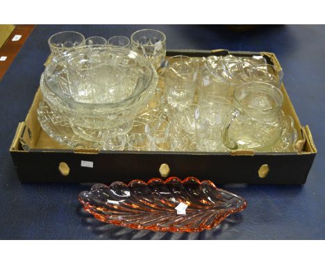 Glassware - six cut glass whisky tumblers; four beakers; four sherry glasses; six cut glass custard cups ; celery vase; mould