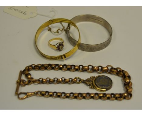 A silver hinged bangle; another, gold plated; a 9ct gold dress ring; a rolled gold Albert chain and fob  