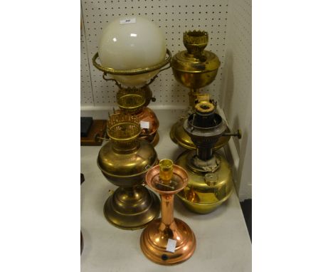 Metalware - a copper lamp previously an oil lantern; another smaller; others (7)