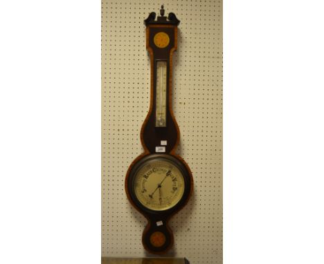 A late-19th century mahogany and satinwood crossbanded and boxwood strung aneroid barometer, mercury thermometer, the case wi