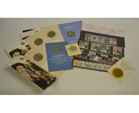 A £5 commemorative Golden Wedding Crown 1997, others (5); First Day Covers including 90th Birthday H M The Queen Mother; etc