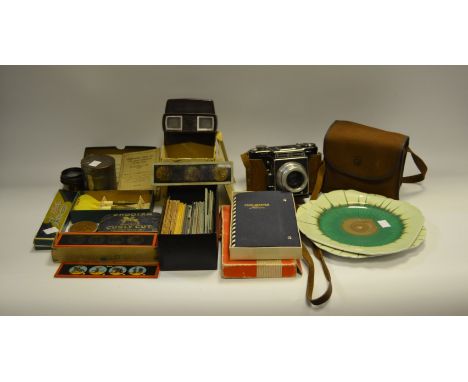 A Agriflex camera; a boxed brownie; a View Master;  slides; harmonica; Shelley Harmony Art Ware plates; etc.