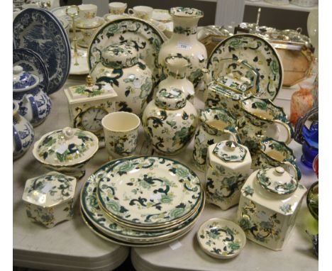 Masons Chartreuse pattern - a baluster shaped vase; ginger jar and cover; plates; clock; teapot; ewer jugs ; etc qty 