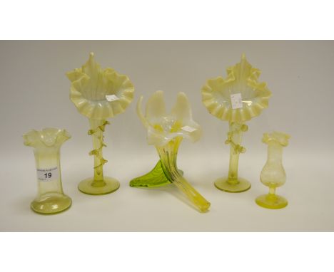 Vaseline glass - a pair of green trumpet vases, frilled edge; a green lily vase; two others (5)