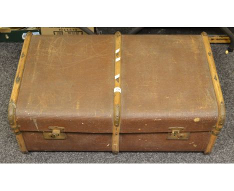 A Steamer travel trunk; quantity of linen and lace