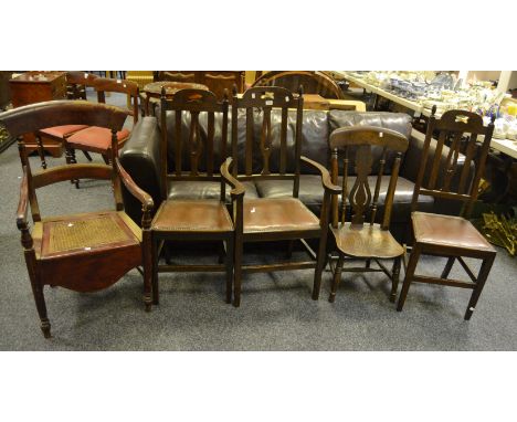 A late-19th century kitchen side chair; an early-20th century oak commode, hinged rattan seat; etc. 