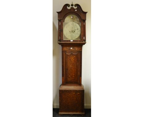 An early-19th century oak and mahogany longcase clock, the hood with brass ball and spike finial, swan neck pediments termina