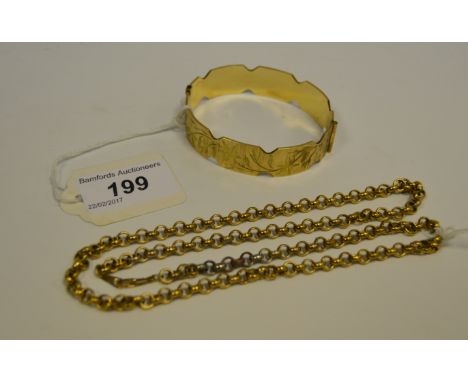 A gold plated  belcher chain; a rolled gold bangle, decorated with hand chased foliate swags;  26.6g