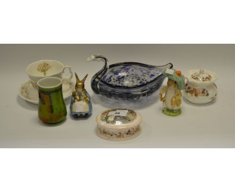 A Poole Delphis vase; Bramley Hedge teacup and saucer; trinket pot; Royal Albert Benjamin Bunny; another Mrs Rabbit; glass Sw