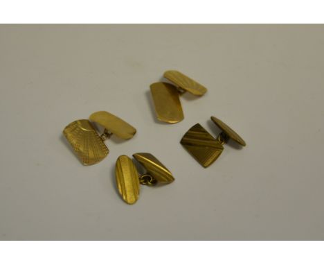A pair of 9ct gold engine turned cufflinks; another pair, 8.2g