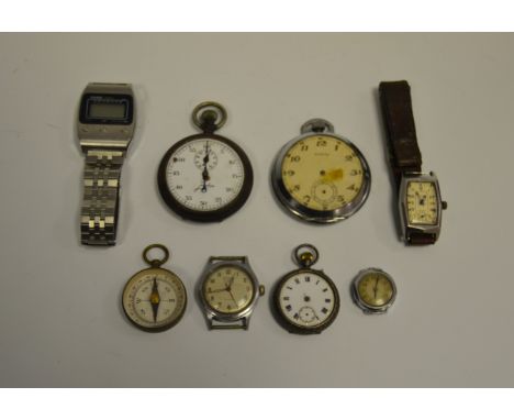 A silver open faced fob watch; chrome plated pocket watches; compass; etc 