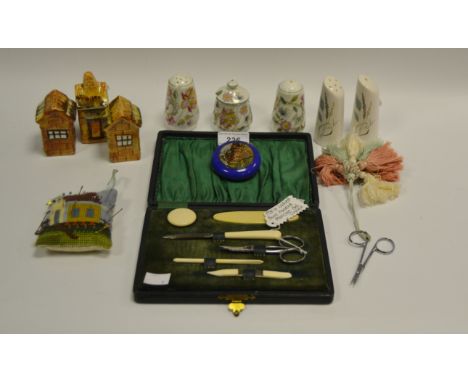 Ephemera - a 1930's cased manicure set; pin cushion; tape measure; a Midwinter condiment set; Minton condiment set; etc