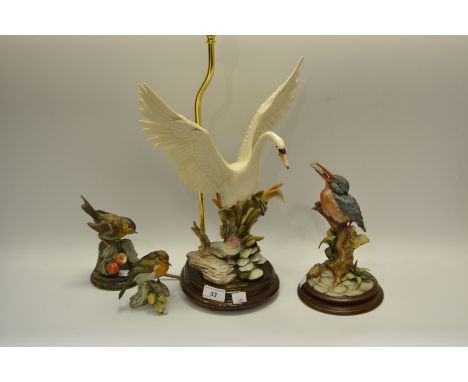 A table lamp in the form of a Swan; a Capodimonte model of a Kingfisher; a bisque model of a Robin; another (4)