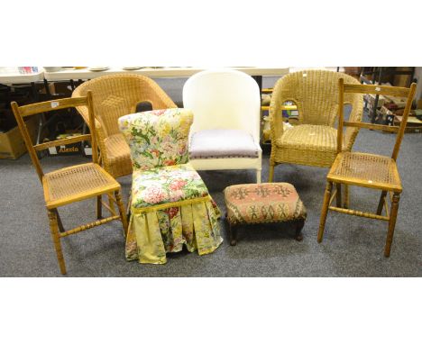 A pair of woven rattan tub chairs; a pair mahogany ladder back dining chairs, rattan seat; etc. (6)