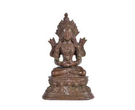 A Tibetan bronze figure of Amitayus, 19th century, seated in dhyanasana on a double-lotus base with the hands held in dhyanam
