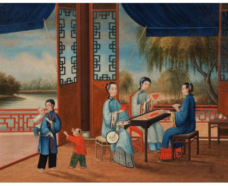 Chinese school, Qing Dynasty, 19th century, oil on canvas, depicting three woman playing a card game in an interior with two 