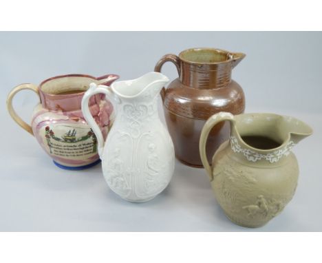Four 19thC ceramic jugs, to include a drabware jug, decorated with relief with a hunting scene, a similar jug decorated with 