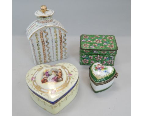 Various items of Limoges, etc., to include a tea caddy, heart shaped box and a Canton enamel box and cover.